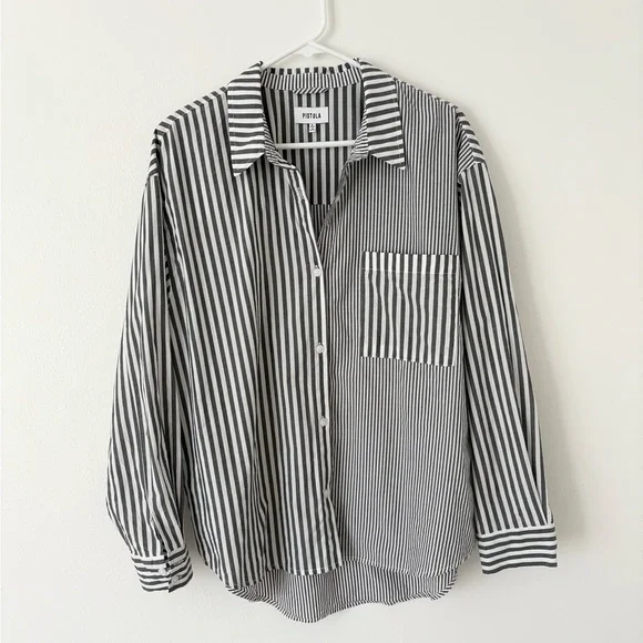 Pistola Millie Long Sleeve Button Down Shirt in Noir Ecru Stripe Size Large - Picture 2 of 7